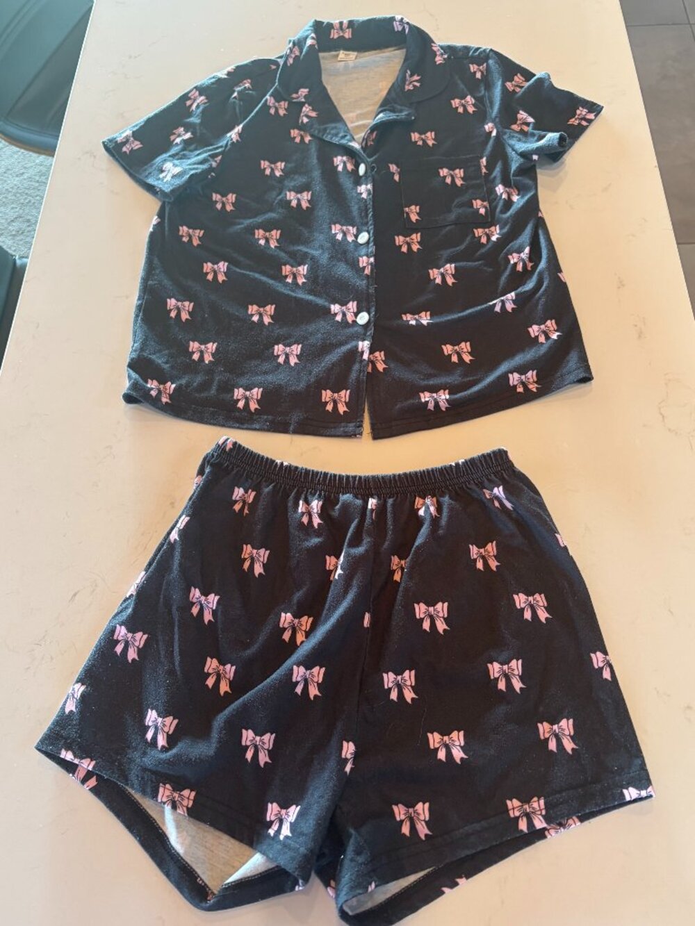 SHEIN Girls 12Y Black Pink Bow Pajama Set Button Top Shorts